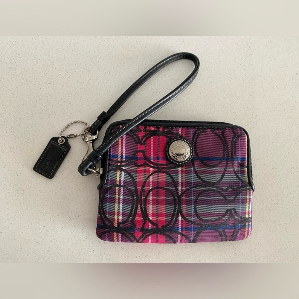 Coach Signature Collection Plaid Wristlet with Black Strap
